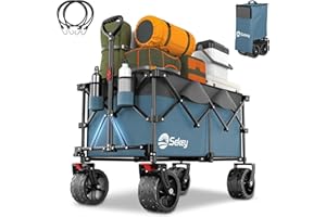 Sekey 200L Folding Festival Trolley with All-Terrain Extra Wide Wheels and Brake, Heavy-Duty Cart Loadable up to 150KG, Patented Four-Directional Foldable Design, Wagon for Beach Camping, Blue&grey