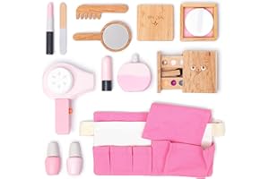 umu® Set di trucchi per bambini, in legno, con trucco, asciugacapelli, profumo, ecc. Set di trucchi per bambini da gioco di ruolo, 12 pezzi di bellezza per bambine di 3, 4, marrone legno, bianco