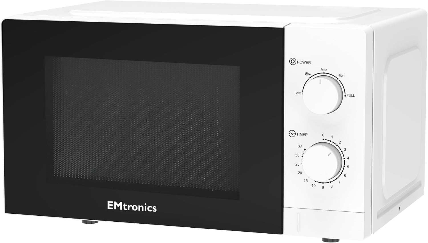 EMtronics 20 Litre 700W Manual Control Microwave with 5 Power Levels, Defrost Function, 35 Minute Timer and Cavity Light - White