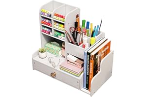 RUIXUE - Organizer na Biurko z Szufladą, Biały Pojemnik na Ołówki, Duża Pojemność, Uchwyt na Długopis do Biura, Szkoły i Domu