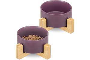 Navaris Comederos para Perros elevados - 2X Comedero de cerámica para Perro y Gatos Cachorros - Platos con Soporte Antideslizante de bambú - Morado