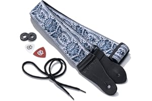 KLIQ MUSIC GEAR Kliq vintage tissé Sangle de guitare pour guitares acoustiques et électriques | '60s en tissage Jacquard Hootenanny Style Bracelet en caoutchouc | 2 serrures incluses, Fleur de soleil bleu et blanc