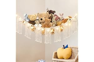 Weldomcor Stuffed Animal Toy Hammock with Fairy Lights Macrame Boho Toy Net Hammock with wood Beads-Stuff Animals Organizer Storage Corner Toys Net Holder for Nursery Play Room (Tassel)