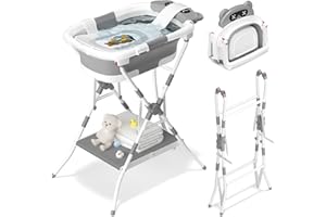 COOSEYA 2 en 1 Baignoire bébé sur Pied, Baignoire pliable bébé et filet de soutien pour nouveau-nés, Adaptée aux nouveau-nés et aux tout-petits (0-18 M) Peu encombrante et facile à transporter, Grise