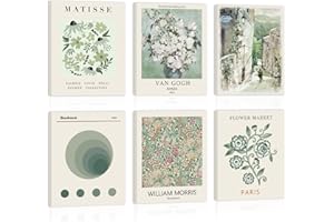 KAIRNE Vintage Sage Matisse Wall Art Framed,Green Prints Poster for Living Room Set of 6 Pieces(8x10inch),Aesthetic Decor Bedroom Accessories,Boho Botanical Art Prints for Bathroom Office Decoration