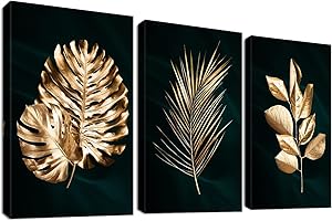 HALFLEMART 3Pcs Cadre en Bois Impression sur Toile Or Palm Feuilles Tableau Affiche Decoration Murale Peinture Image sur Toile Vert Or Tableau Decoration Murale Salon Chambre Salle à Manger 30x40cm x 3pcs