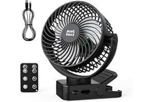 Minthouz USB Tischventilator leise mit 12000mAh Ventilator Akku – Tragbarer Clip-Ventilator mit Fernbedienung, Licht, Timer, 360° drehbar, 3 Stufen, 45 Std. Laufzeit – für Camping, Büro, Kinderwagen