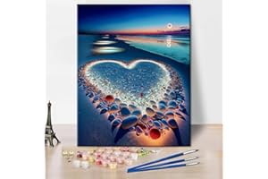 TISHIRON Malowanie według liczb, dla dorosłych, dzieci, kamień w kształcie serca, nad morzem, "zrób to sam", malowanie według liczb, zestawy z pędzlami, do salonu, sypialni, dekoracja ścienna - 40 x