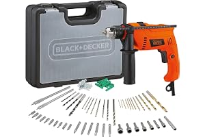 BLACK+DECKER Corded Electric Hammer Percussion Drill, 650W, 13mm, Includes 50-Piece Accessory Bit Set, Kitbox, for Metal, Concrete & Wood Drilling, Easy Storage, Orange/Black - HD650KIT-B5