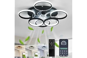 QIAOMAO Dimmable Ventilateur Plafond Silencieux,30W Plafonnier Ventilateur de Plafond,Plafonnier Ventilateur Design à 6 Anneaux Avec Télécommande et APP Timing,Réglage du vent Réversible à 6 Vitesses(Noir)