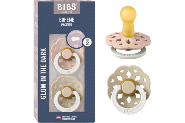 BIBS Boheme Lot de 2 tétines phosphorescentes, Sans BPA, Téterelle ronde, Latex de caoutchouc naturel, Taille 2 (6-18 mois), Rose Clair/Vanille