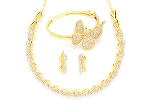 Zeneme American Diamond Studded Leaf Shaped Necklace With Earring and Butterfly Shaped Bracelete Jewellery Shaped For Women a