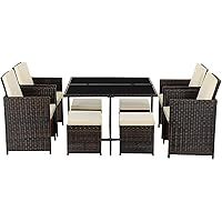 SONGMICS Gartenmöbel Set aus Polyrattan, 9-teilig, Sitzgruppe, Tisch mit Hartglasplatte, 4 Stühle und 4 Hocker, mit…
