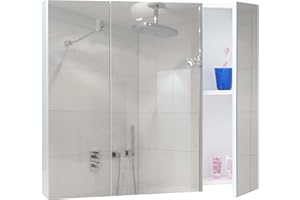 Mendler Szafka z lustrem HWC-B19b, szafka łazienkowa, szafka wisząca, 6 półek, wysoki połysk, certyfikat FSC®, 70 x 80 x 16 cm, biała