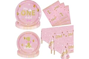 XJLANTTE 122 Pcs Miss Onederful Birthday Decorations - Pink Gold Birthday Plates, Napkins, Tablecloth, First Birthday Decorations Tableware for Baby Shower 1st Birthday Girls Decorations, Serve 40 Guests