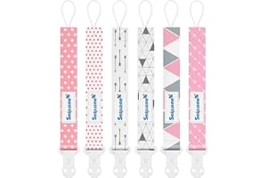 Smlpuame 6 nappkedjor baby nappkedja, nappkedja med clips för pojkar och flickor（Rosa & Grå）