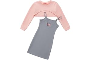 Naiyafly Girl's 2 Piece Outfits Kids Long Sleeve Crop Top and Cami Dress Set Teen Girls Pullover Sweatshirt + Butterfly/Plaid Print Bodycon Dress Clothes Christmas Party Casual Costumes