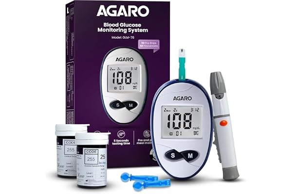 AGARO Glucometer, Blood Glucose Monitoring System with 50pcs Strips & Lancets, Glucometer Machine, Instant Blood Sugar Test a