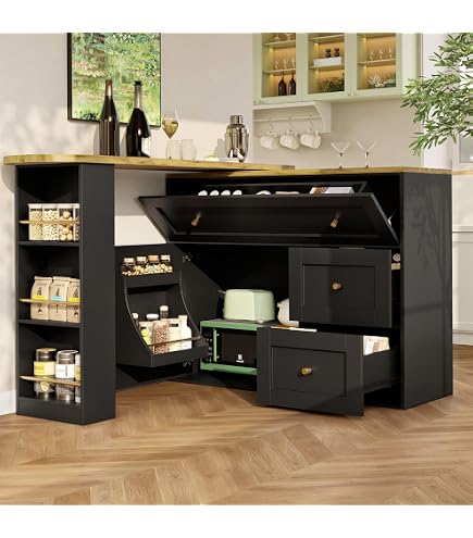 Table de bar pivotante 360° avec portes en rotin, rangement et plateau extensible, 107-187 cm Table de bar pivotante 360° avec portes en rotin, rangement et plateau extensible, 107-187 cm