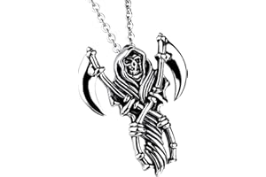 JewelryWe Bijoux Pendentif Collier Homme Grande Faucheuse Grim Reaper Tête de Mort Crâne Gothique Diable Acier Inoxydable Couleur Noir Argent