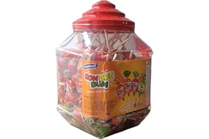 UNIVERSABOR Tarro - Paquete de 100 Unidades - Colombina Bon Bon Bum - Paletas con centro de goma de mascar surtido, paletas de 4 sabores Lulo, fresa, fresa Roja y mandarina, Bote de 1700 gr. (100 unidades)