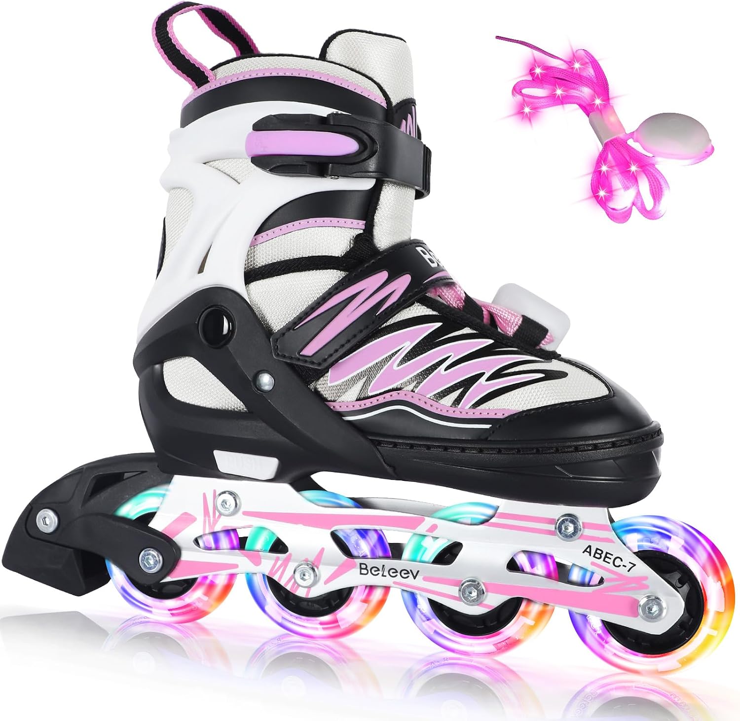 BELEEV Patines en Línea para Niños con Cordones y Ruedas Luminosas LED, Austables Patines Ideal para Niña Niño Principiantes Hombres Mujeres, Interiore Exteriores, Regalos cumpleaños Navidad