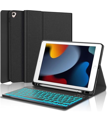 GOOJODOQ Toetsenbordhoes voor iPad 9e Gen 2021/8e Gen 2020/7e Gen 2019, QWERTZ lay-out, magnetisch, afneembaar, verlicht toetsenbord, hoes met penhouder voor iPad 10,2 inch 2019-2021, blauw