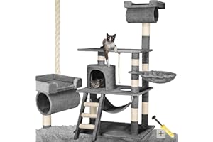 tectake® Tiragraffi per Gatti, Albero Medio 141 cm con Amaca, Cuccetta, Tunnel, Piattaforma, Giochi per Gatti, Sisal Robusto per Artigli, Struttura Compatta, per Interni - Grigio