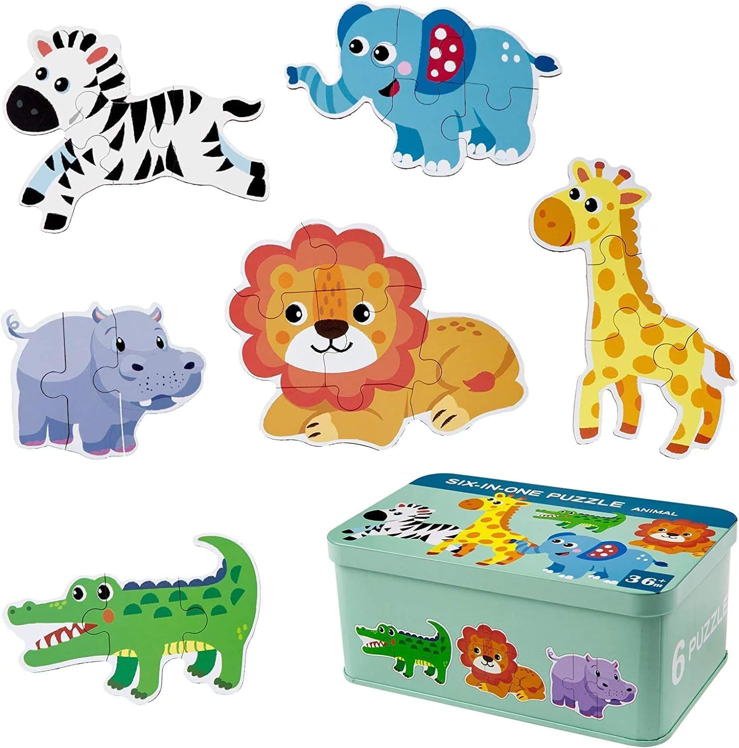 6 Pack Rompecabezas Puzzle Juguetes Bebes para Niños de 1 2 3 4 5 Años, Puzzle, Regalos 3D Patrón Puzles, Montessori Educativos, con Caja de Rompecabezas de Metal - Animal
