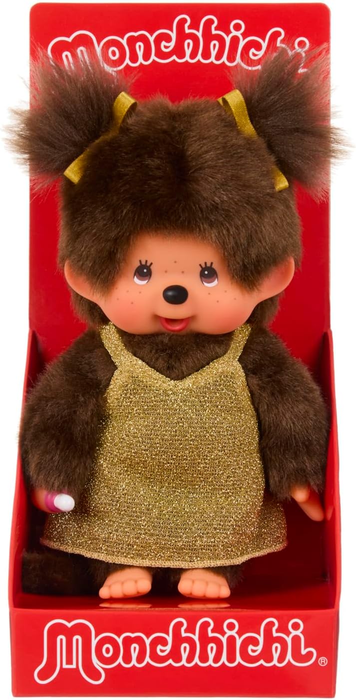 Sekiguchi 204038 - Monchhichi Original niña con Vestido Dorado Brillante, Peluche de Aproximadamente 20 cm de Altura, de Felpa marrón