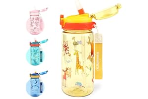 wooshwa Pop-up Borraccia Bambini per la Scuola,600 ml Borraccia con Cannuccia Bambini, Priva di BPA e Lavabile in Lavastoviglie (Animali Gialli)
