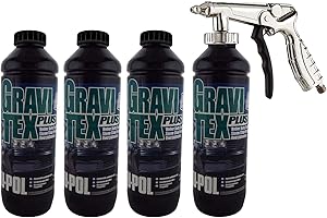 UPol Gravitex Stone Chip Protector Black 1 Litre X 4Overpaintable Chassis Protection + Air Application Gun Tough Hard Durable Coating Designed To Reproduce The Manufacturers Original Stone Chip Finish