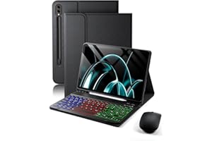 MICROTUNK Clavier Rétroéclairé Souris Coque Pour Samsung Galaxy Tab S10+ Plus/S9+ Plus/S9 FE+Plus/S8+ Plus/S7 FE/S7+ Plus 12.4 Pouces Étui Bluetooth Français Mode double (QWERTY)(AZERTY) Backlight Keyboard Case