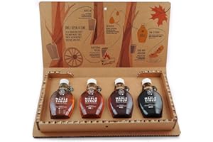 MapleFarm - Sirop d'érable pur dans une boîte-cadeau. Pack dégustation 4 variantes : DORÉ - AMBRE - FONCÉ - TRÈS FONCÉ. Coffret cadeau illustré.