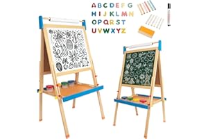 WOODENFUN Tableau en bois pour enfant - Tableau noir double face et tableau blanc réglable en hauteur