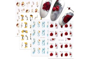GEBETTER 4 Hojas Pegatinas para Uñas Adhesivas, Flores Rojas Líneas Doradas Marcas Azul Gris Efecto Tinta, Decoración Uñas Arte Nail Stickers Art Manicura Regalo Mujer San Valentín Cumpleaños