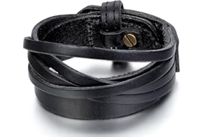 JewelryWe Schmuck Herren Breit Lederarmband, Punk Druckknopf geflochten Leder Armband Wickelarmband Armreif Manschette, verstellbare Größe, Schwarz/Braun