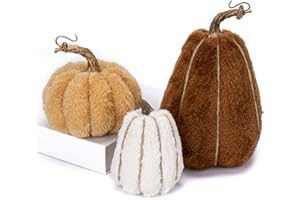 Oairse 3 pcs Artificial Pumpkins Faux Sherpa Pumpkins Assorted Sizes Plush Pumpkins Fake Velvet Pumpkins Decor Table Centerpieces for Autumn Festival Thanksgiving Halloween Party Fall Decoration