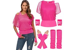 WILDPARTY 80s Fancy Fishnet Top for Women, Tank Top, Leg Warmers, Gloves, 1980s Costumes Neon Off Shoulder Mesh T-Shirt Accessories Retro Theme Party Cosplay