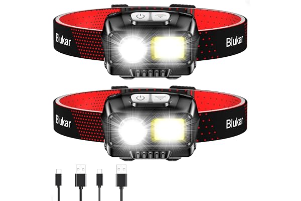 Blukar Linterna Frontal LED Recargable, [2 Pack] 2000L Linterna Cabeza | Superbrillante, Sensor de Movimiento, Luz de Alerta Roja, 8 Modos Luz, Impermeable, 30h Larga Duración para Correr, Pesca