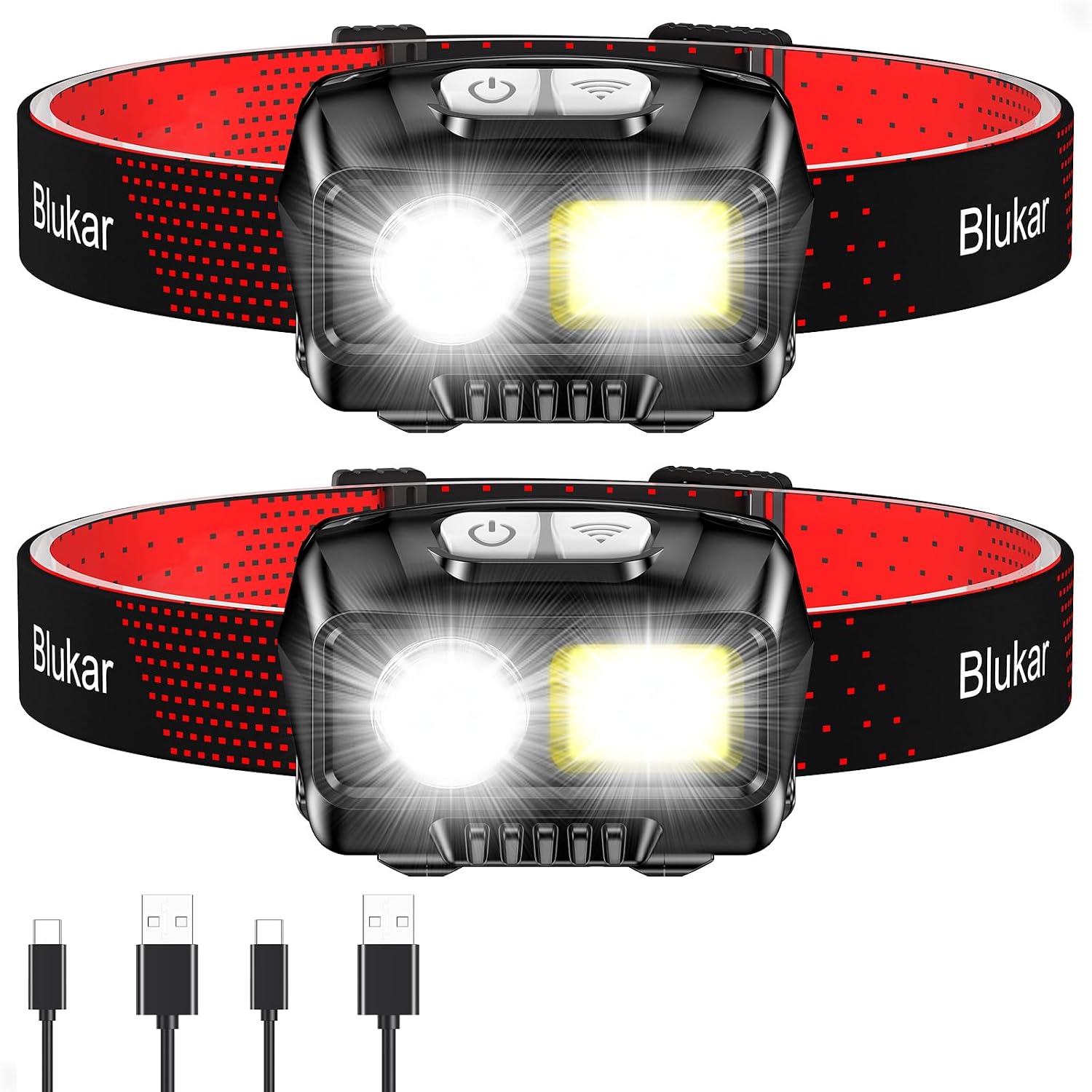 Blukar Torcia Frontale LED, 2 Pezzi 2000LM Lampada Frontale Ricaricabile | 8 Modalità di Luce, Super Luminosa, Sensore di Movimento, Impermeabile Torcia da Testa per Campeggio/Pesca/Trekking