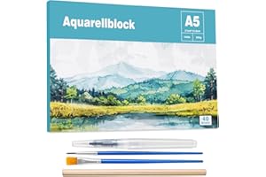 WSICSE 40 Blatt Aquarellpapier A5, Aquarellblock 300g/㎡ Malpapier mit Bleistift Pinsel Wassertankstift für DIY Basteln Zeichnen Gouache