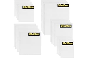 Artme Panneaux en toile/Panneaux 20pk - 15x20,20x20,30x30,24x30,30x40cm Tailles assorties / 280GSM / 100% Coton/Blank/Triple apprêté/Sans acide/Grain moyen / 0,3 cm - Acrylique/huile