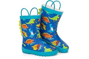 FUNCOO PLUS Toddler Wellies Kids Rubber Wellington Boots Waterproof Rain Boots for Boys and Girls with Handles in Fun Pattern