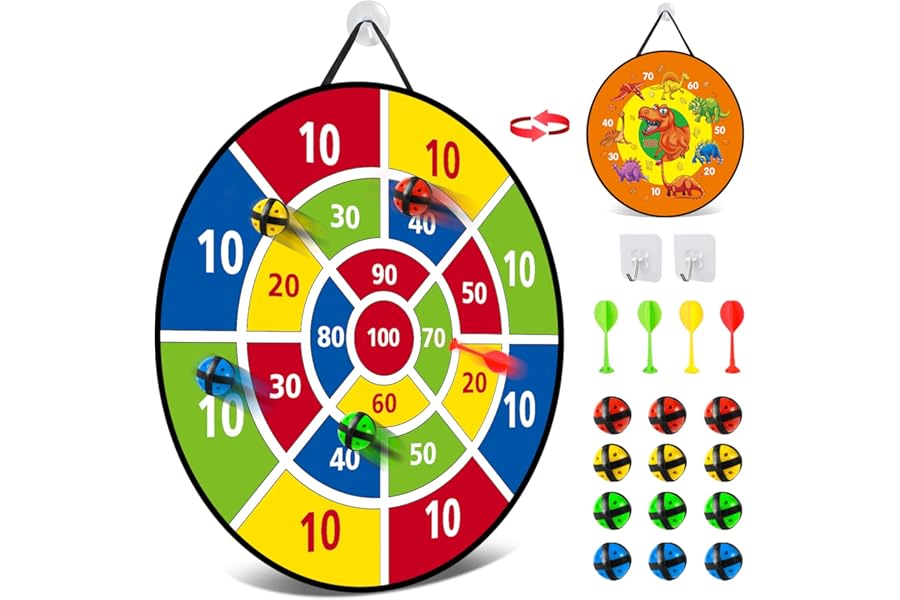 26 Inches Kids Dart Board Set, Dart Board for Kids, Double Sided with 12 Sticky Balls, Indoor Outdoor Party Games Toys for 3 4 5 6 7 8 9 10 11 12 Year Old Boy Girl and Adult