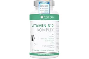 ‎MEDICAL BEAUTY COSMETICS Vitamin B12 Komplex + 600μg Folsäure + B6 + B9 + C - mit Chlorella - 200 vegane Vitamin B12 Kapseln hochdosiert - bei Vitamin B Mangel - ohne Zusätze in DE hergestellt