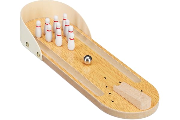 Relaxdays Bowling de Table, Mini-Jeu, Set avec 10 quilles, habileté, Adultes & Enfants à partir de 3 Ans, Nature