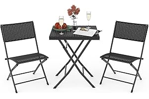 rattantree Rattan Garden Furniture Bistro Set of 3, No Assembly Weather Resistant Foldable Outdoor Table and Chairs, Premium Steel Frames Patio Sets with Wicker for Lawn, Picnic, Garden, Yard (Black)