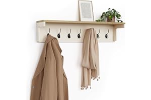 VonHaus Coat Hooks Wall Mounted - Cream Coat Rack with Shelf & 7 Strong Double Hooks – Wall Mounted Jacket Hanger Hallway Organiser with Melamine Wood Effect for Hall & Entryway - Ash Hall