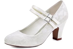 Elegantpark HC1701 Mary Jane Block Absatz Pumps Geschlossene Zehen Lace Satin Brautschuhe